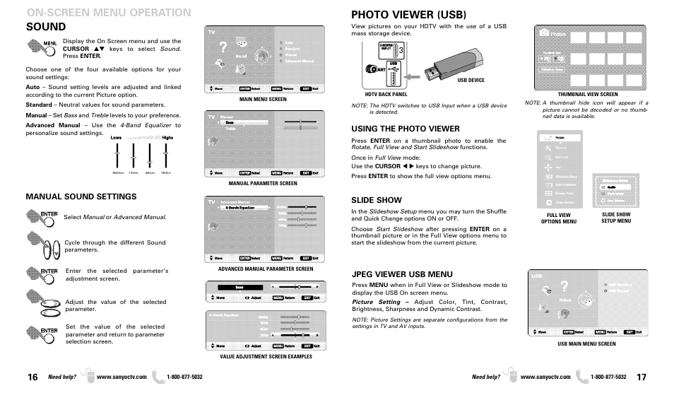 Sound, On-screen menu operation, Photo viewer (usb) | Manual sound settings, Using the photo viewer, Slide show, Jpeg viewer usb menu | Sanyo DP37819 User Manual | Page 9 / 19