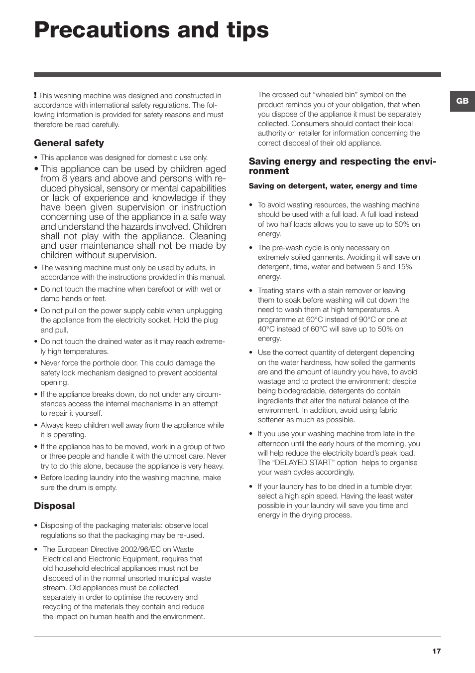 Precautions and tips | Hotpoint Ariston ARTXD 129 User Manual | Page 17 / 72