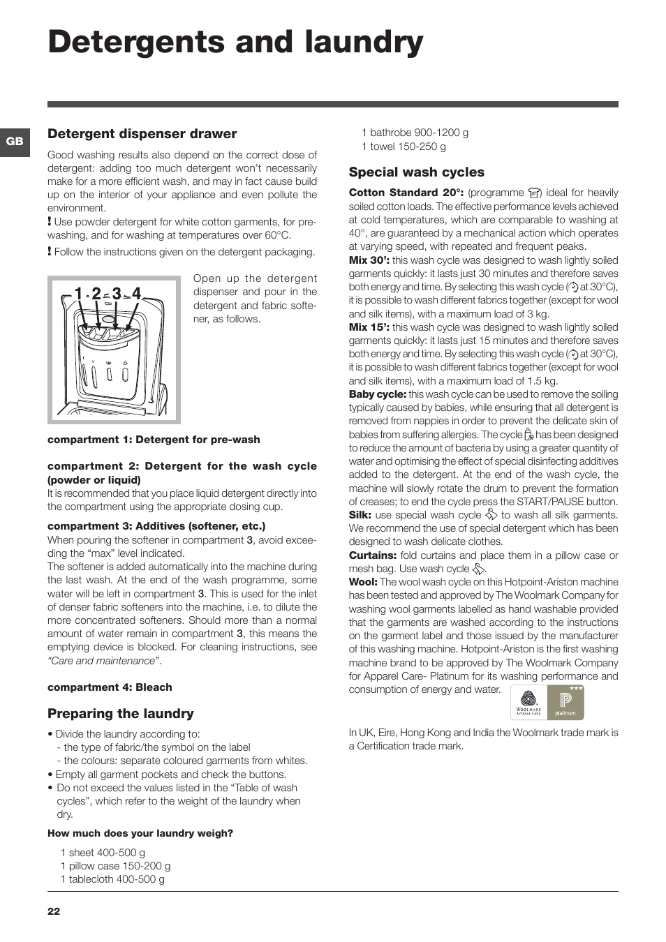 Detergents and laundry | Hotpoint Ariston ARTXD 129 User Manual | Page 22 / 72