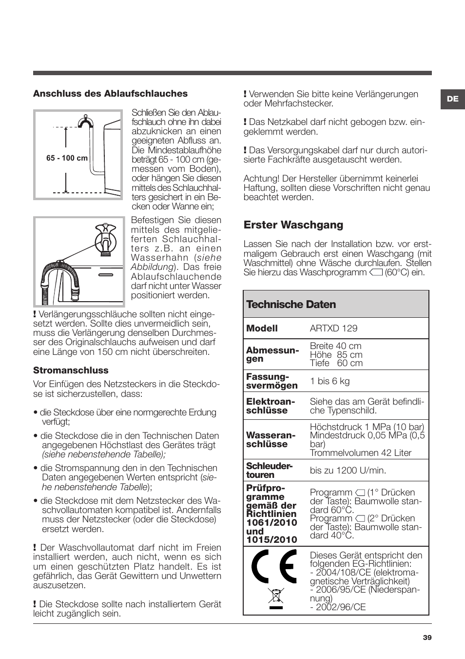 Hotpoint Ariston ARTXD 129 User Manual | Page 39 / 72