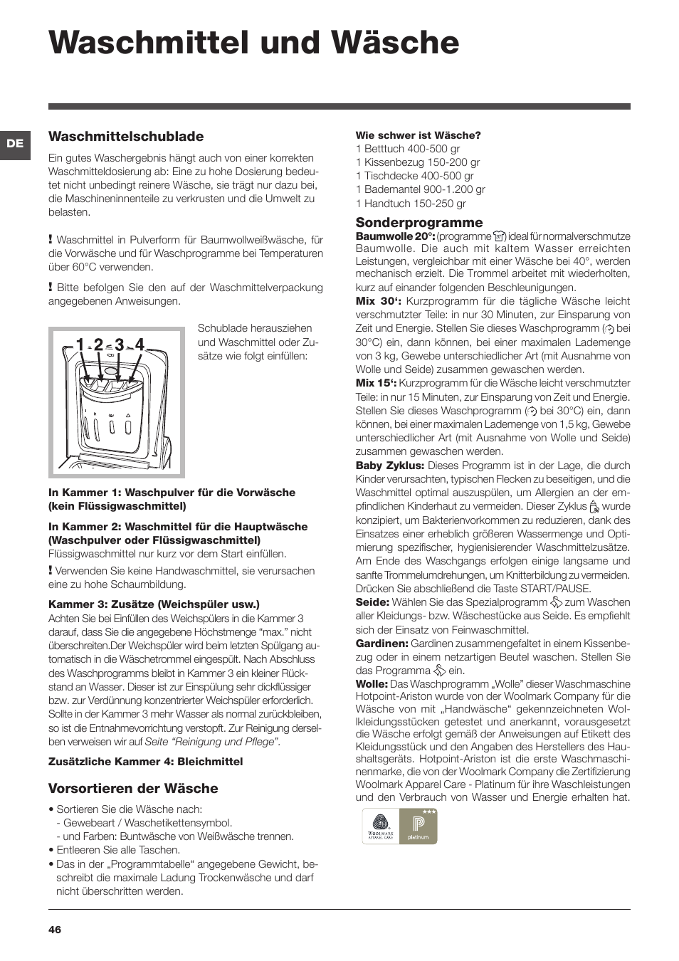 Waschmittel und wäsche | Hotpoint Ariston ARTXD 129 User Manual | Page 46 / 72