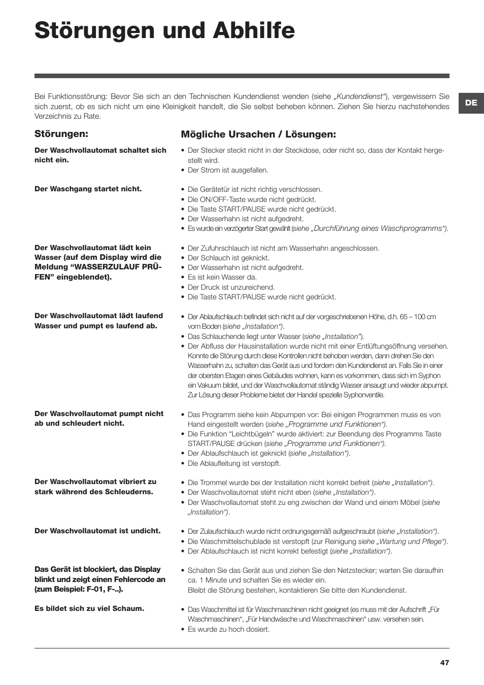 Störungen und abhilfe, Störungen, Mögliche ursachen / lösungen | Hotpoint Ariston ARTXD 129 User Manual | Page 47 / 72