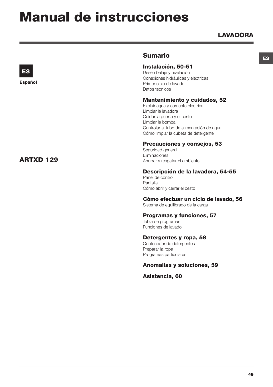 Manual de instrucciones | Hotpoint Ariston ARTXD 129 User Manual | Page 49 / 72