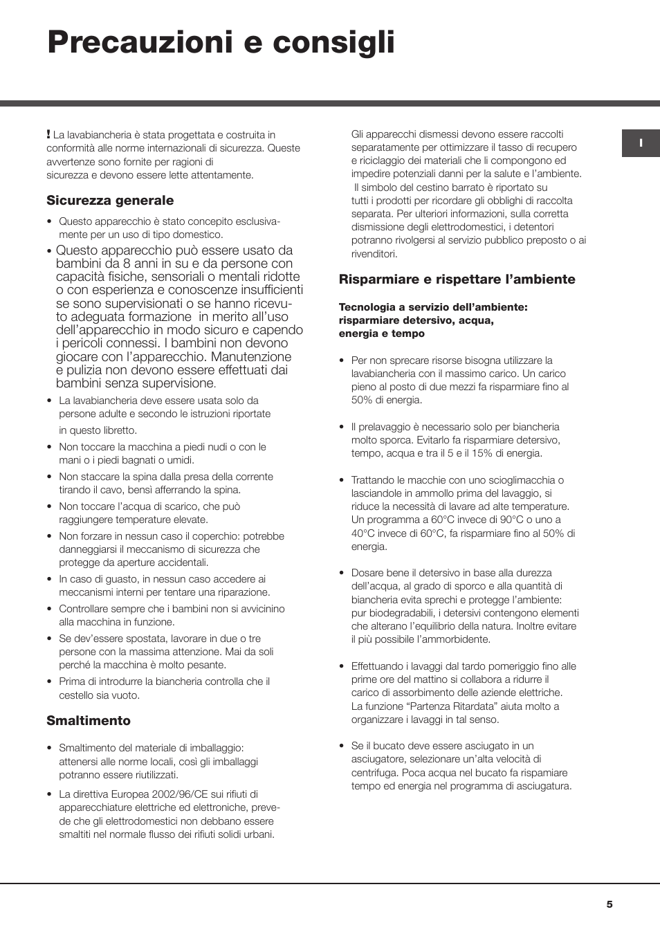 Precauzioni e consigli | Hotpoint Ariston ARTXD 129 User Manual | Page 5 / 72