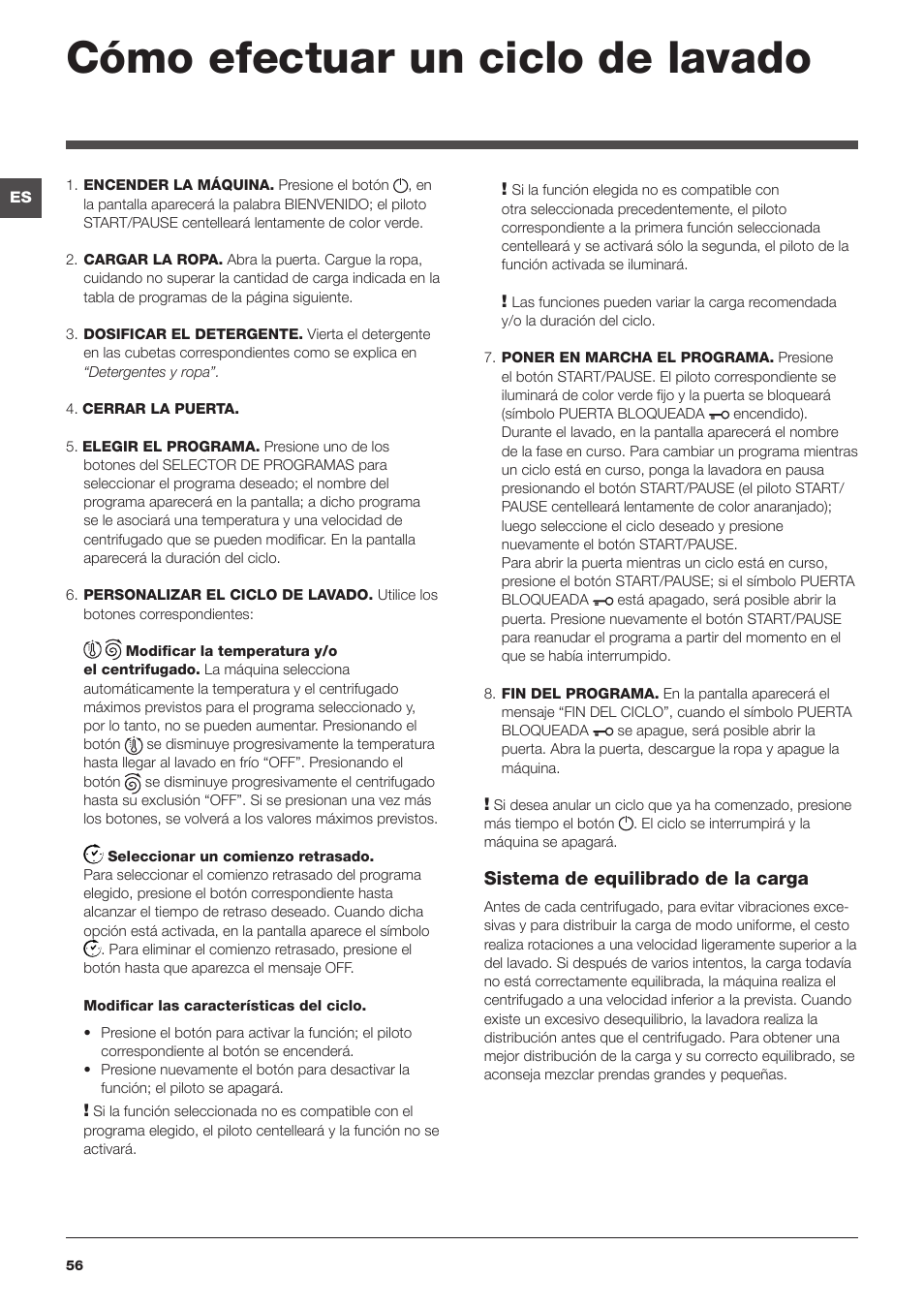 Cómo efectuar un ciclo de lavado | Hotpoint Ariston ARTXD 129 User Manual | Page 56 / 72