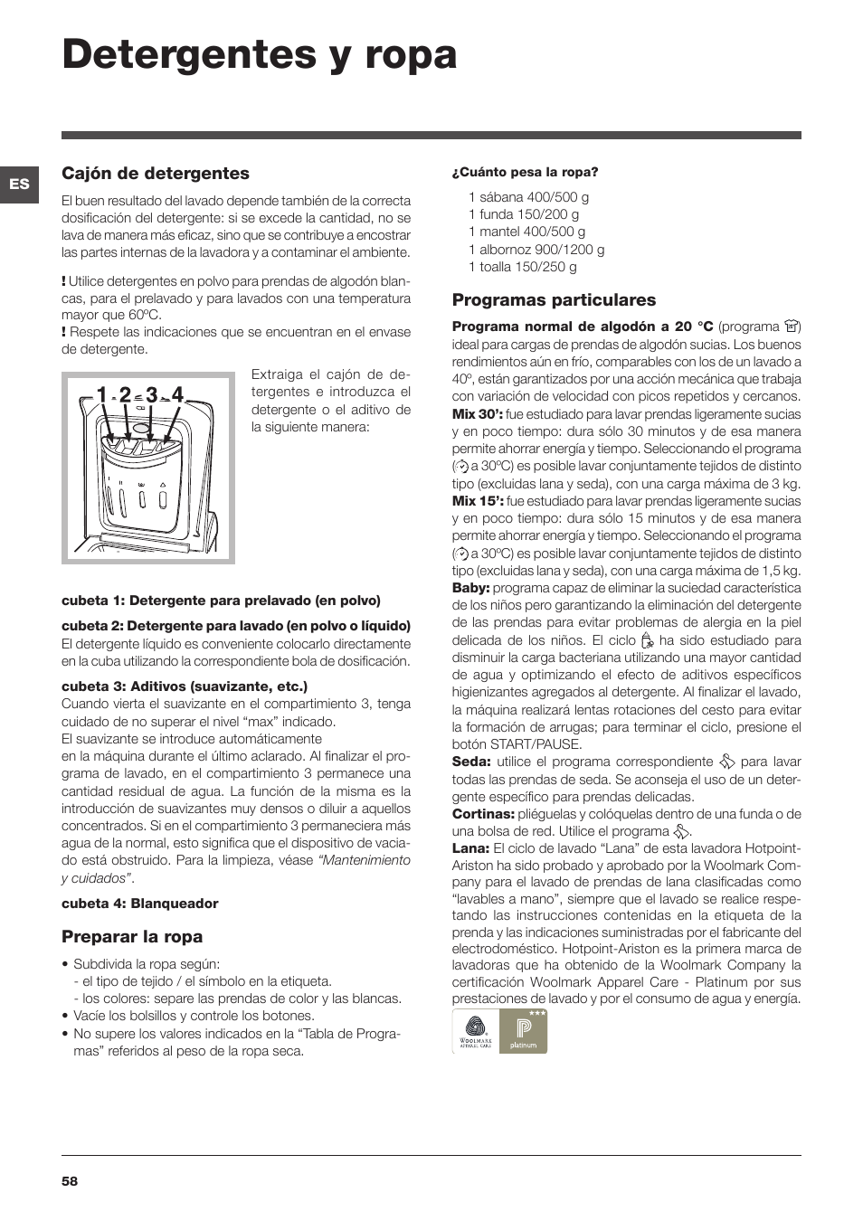 Detergentes y ropa | Hotpoint Ariston ARTXD 129 User Manual | Page 58 / 72