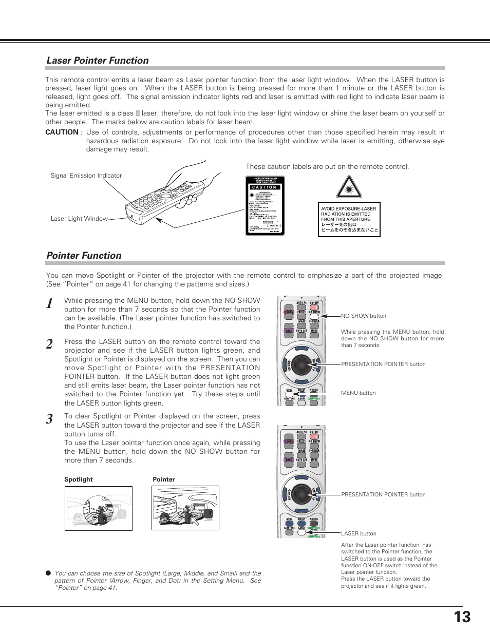 Part names and functions, Pointer function, Laser pointer function | These caution labels are put on the remote control, Spotlight, Pointer, Laser light window, Signal emission indicator | Sanyo PLC-SU60 User Manual | Page 13 / 60