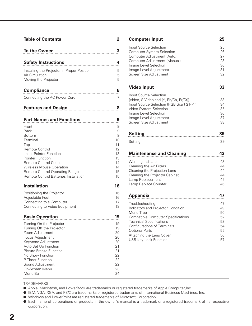 2table of contents | Sanyo PLC-SU60 User Manual | Page 2 / 60