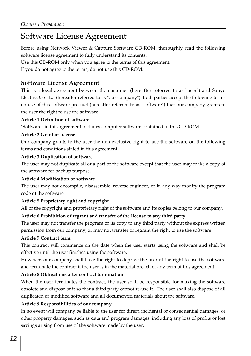 Software license agreement | Sanyo PJ-Net Organizer Plus POA-PN02 User Manual | Page 12 / 114