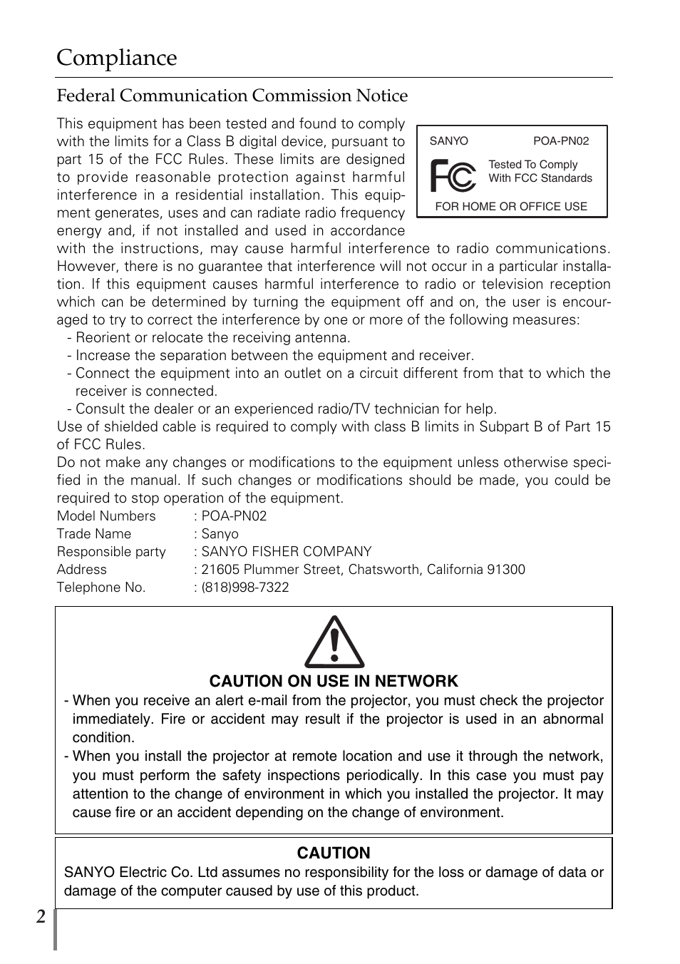 Compliance, Federal communication commission notice | Sanyo PJ-Net Organizer Plus POA-PN02 User Manual | Page 2 / 114