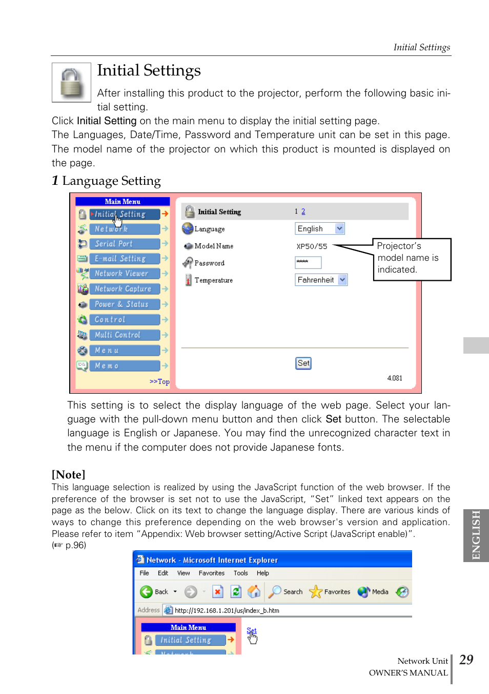 Initial settings, 1 language setting | Sanyo PJ-Net Organizer Plus POA-PN02 User Manual | Page 29 / 114