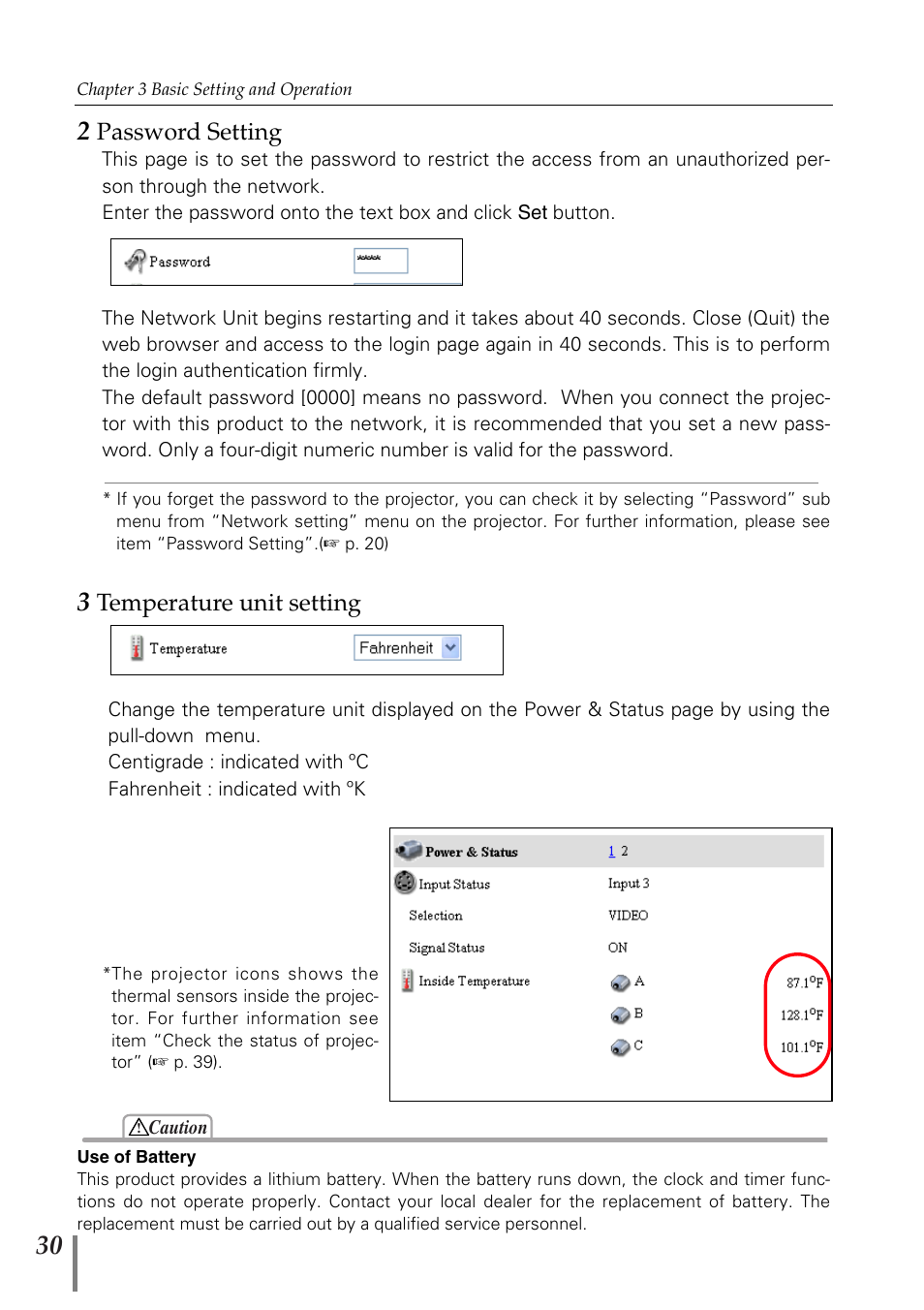 2 password setting, 3 temperature unit setting, 2 password setting 3 temperature unit setting | Password setting, Temperature unit setting | Sanyo PJ-Net Organizer Plus POA-PN02 User Manual | Page 30 / 114