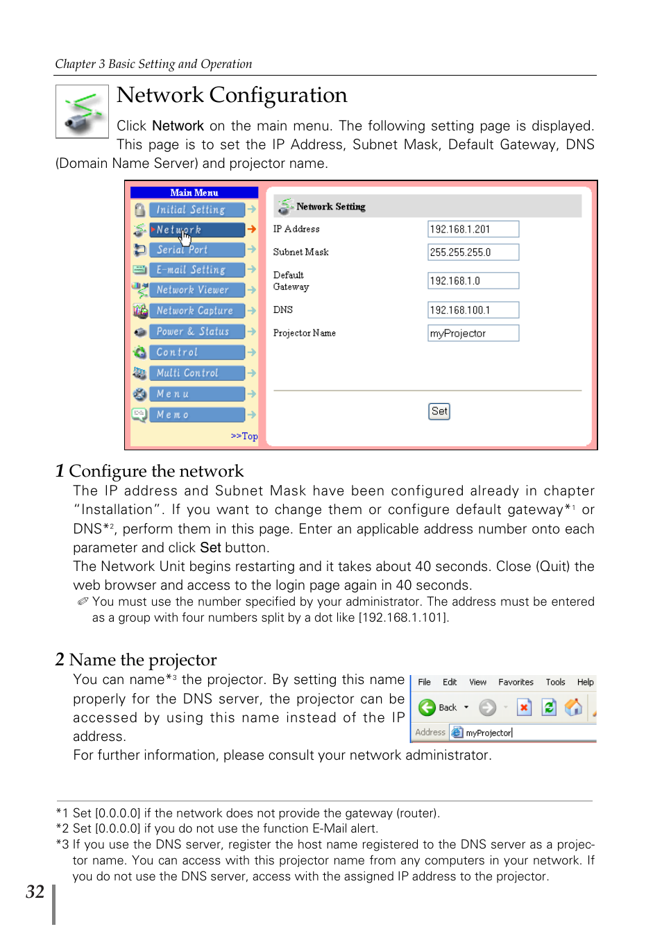 Network configuration, 1 configure the network, 2 name the projector | 1 configure the network 2 name the projector, Configure the network, Name the projector | Sanyo PJ-Net Organizer Plus POA-PN02 User Manual | Page 32 / 114
