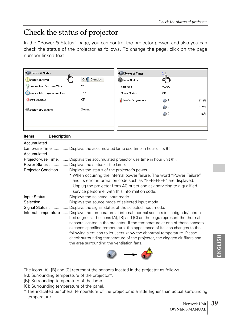 Check the status of projector | Sanyo PJ-Net Organizer Plus POA-PN02 User Manual | Page 39 / 114
