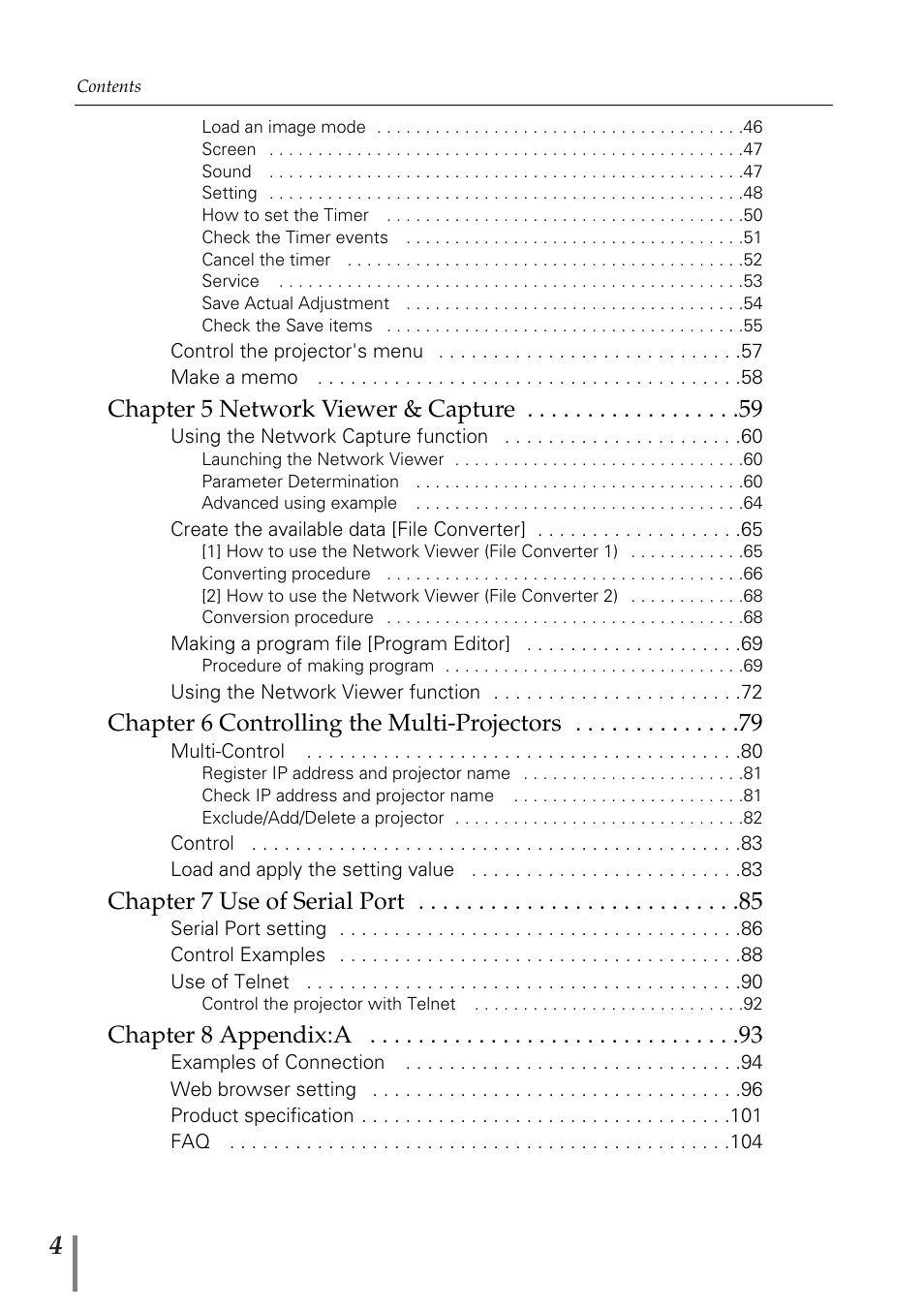 Chapter 5 network viewer & capture, Chapter 6 controlling the multi-projectors, Chapter 7 use of serial port | Chapter 8 appendix:a | Sanyo PJ-Net Organizer Plus POA-PN02 User Manual | Page 4 / 114