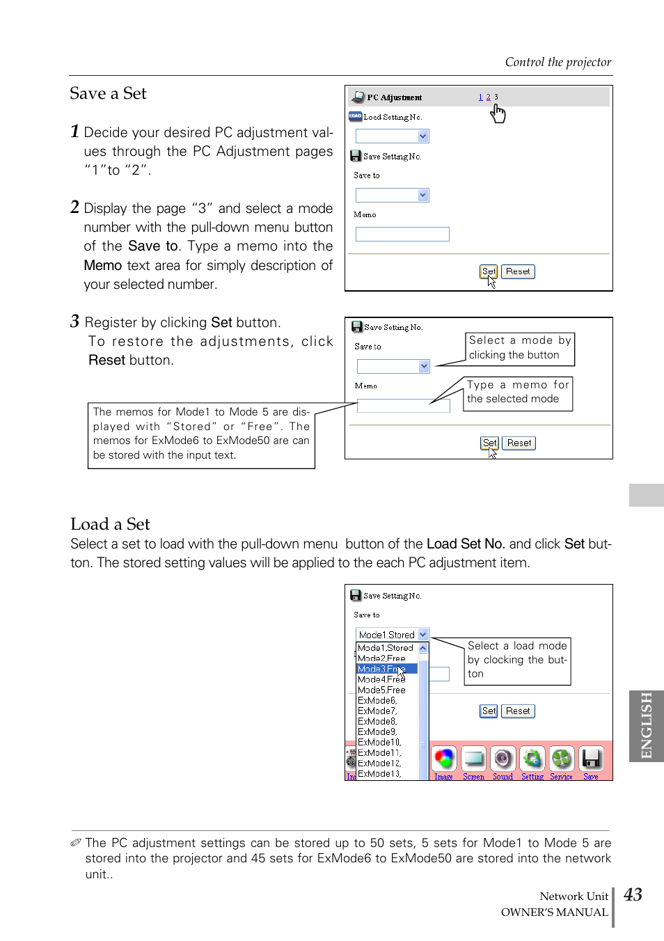 Save a set, Load a set, Save a set load a set | Sanyo PJ-Net Organizer Plus POA-PN02 User Manual | Page 43 / 114