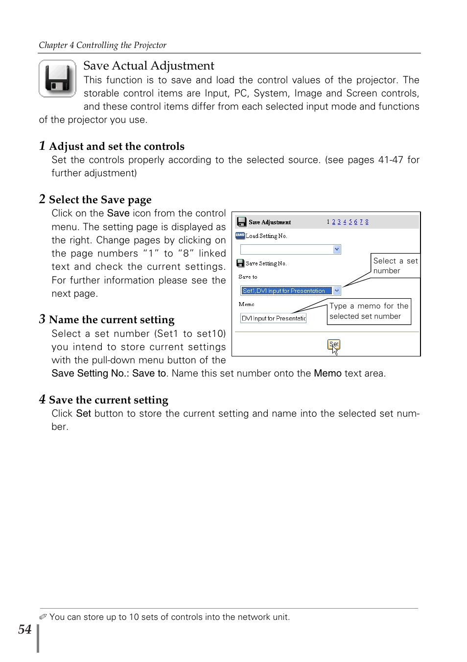 Save actual adjustment | Sanyo PJ-Net Organizer Plus POA-PN02 User Manual | Page 54 / 114