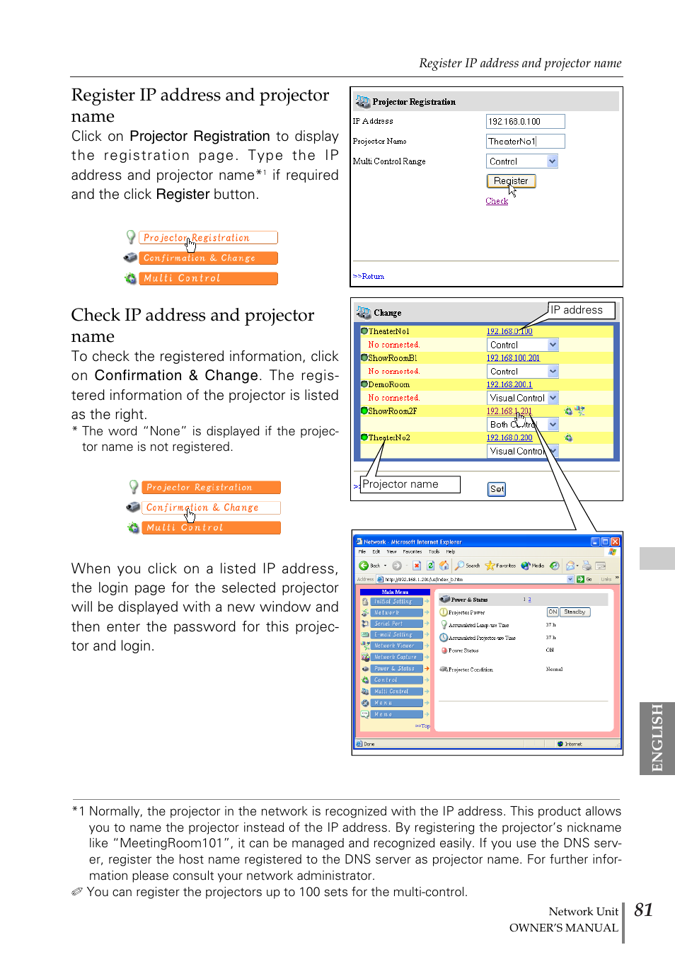 Register ip address and proj, Check ip address and project, Register ip address and projector name | Check ip address and projector name | Sanyo PJ-Net Organizer Plus POA-PN02 User Manual | Page 81 / 114