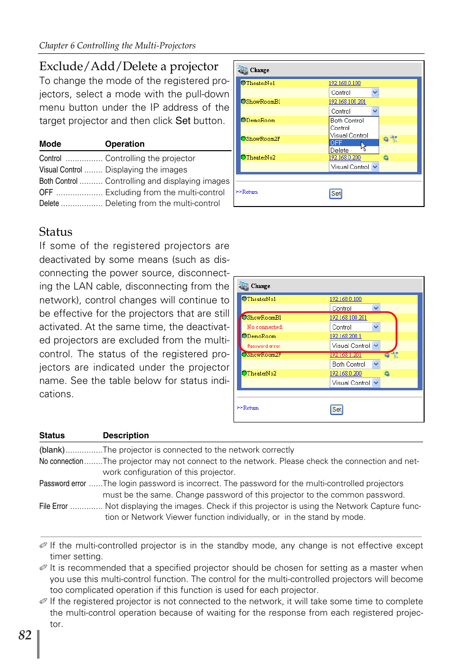 Exclude/add/delete a projector, Status | Sanyo PJ-Net Organizer Plus POA-PN02 User Manual | Page 82 / 114