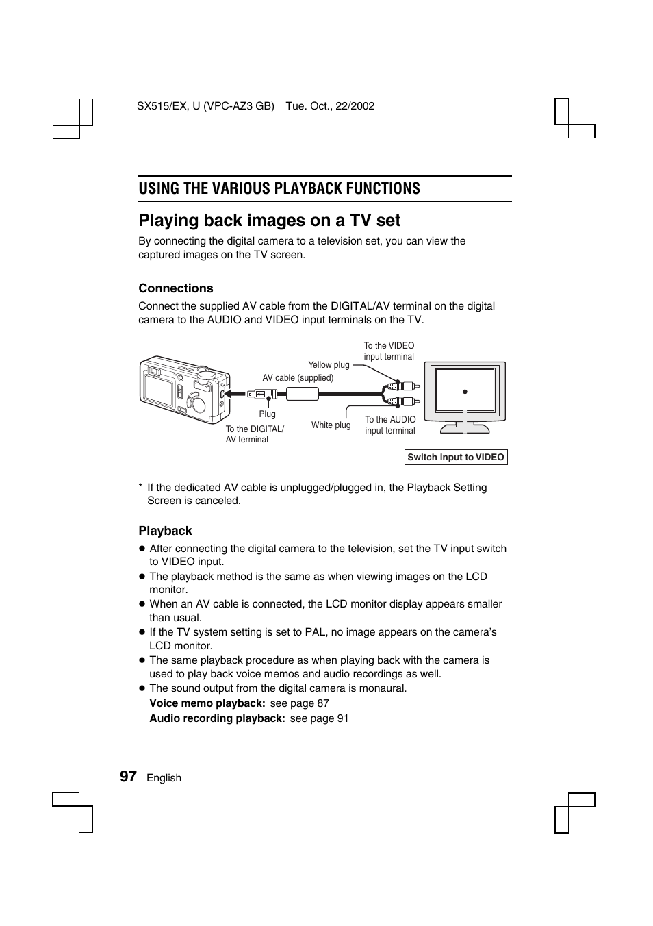 Playing back images on a tv set, Using the various playback functions | Sanyo VPC-AZ3 User Manual | Page 100 / 207