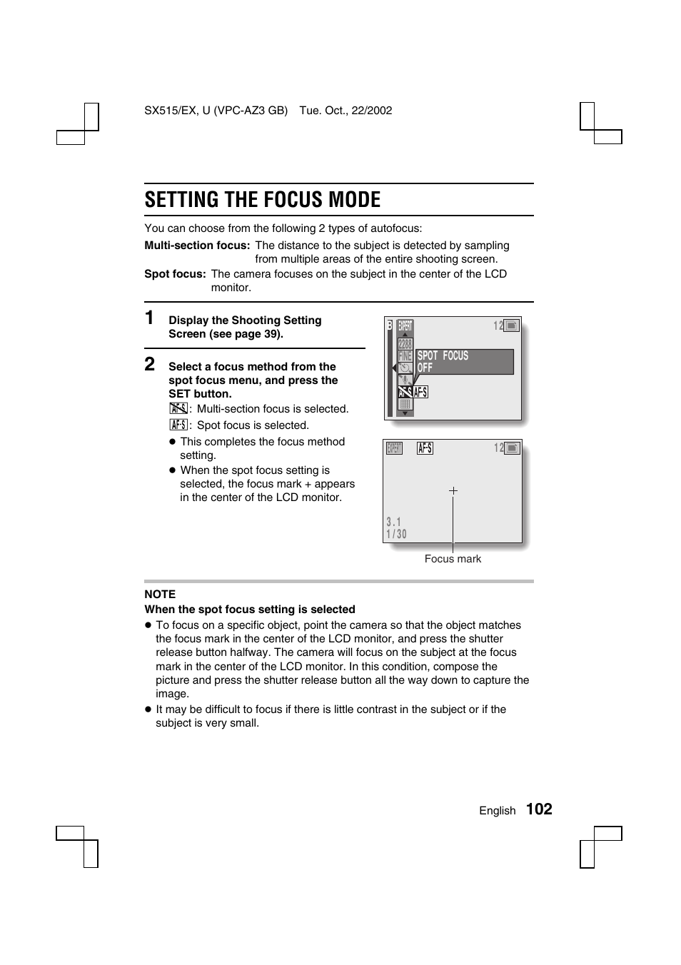 Setting the focus mode | Sanyo VPC-AZ3 User Manual | Page 105 / 207