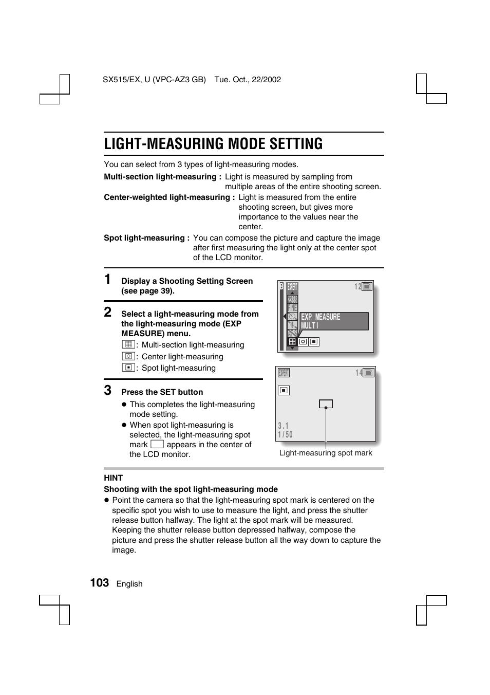 Light-measuring mode setting | Sanyo VPC-AZ3 User Manual | Page 106 / 207