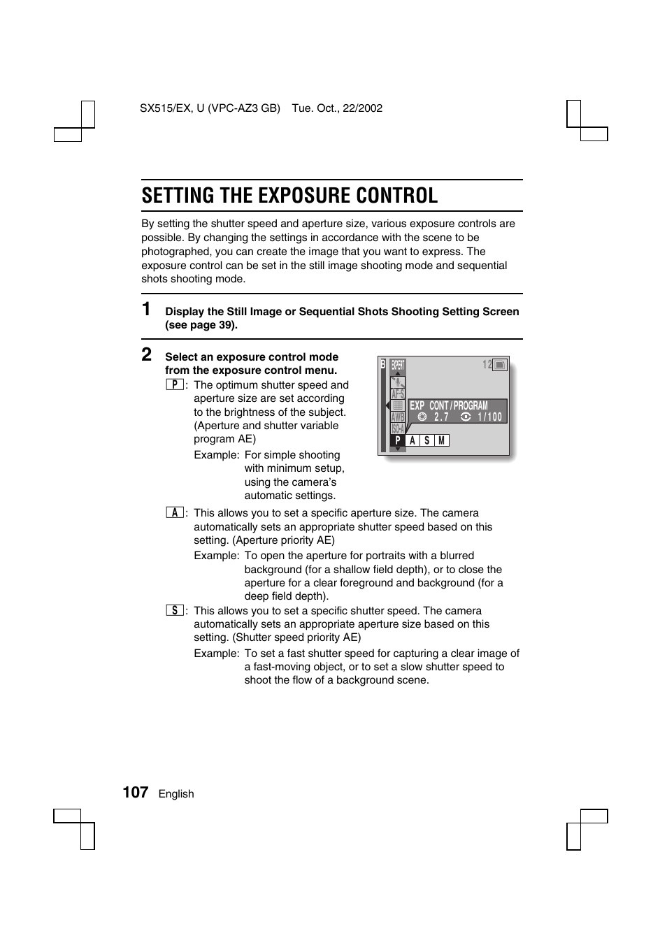 Setting the exposure control | Sanyo VPC-AZ3 User Manual | Page 110 / 207