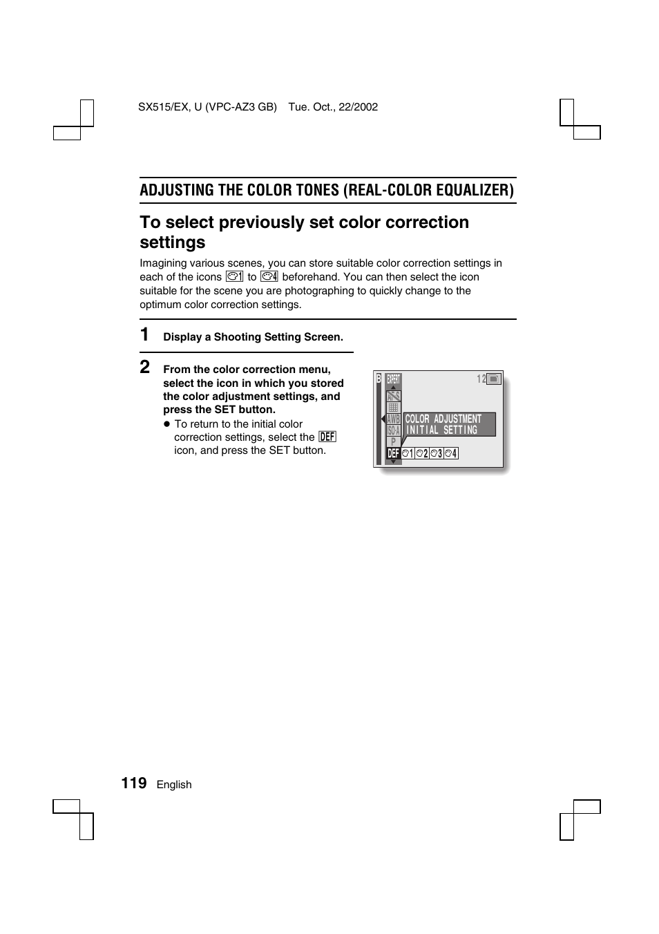Adjusting the color tones (real-color equalizer) | Sanyo VPC-AZ3 User Manual | Page 122 / 207