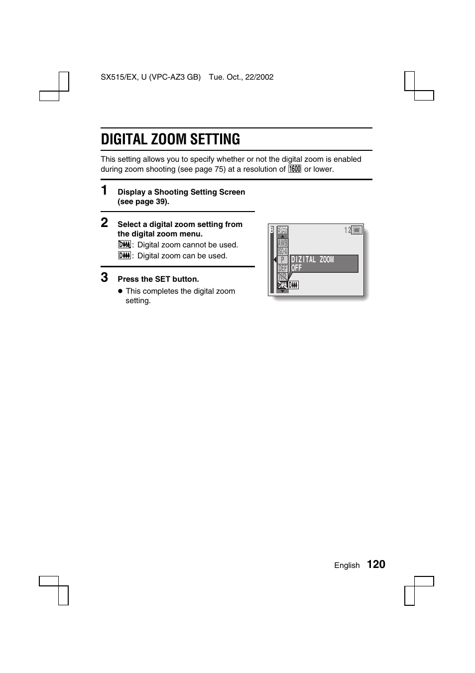 Digital zoom setting | Sanyo VPC-AZ3 User Manual | Page 123 / 207