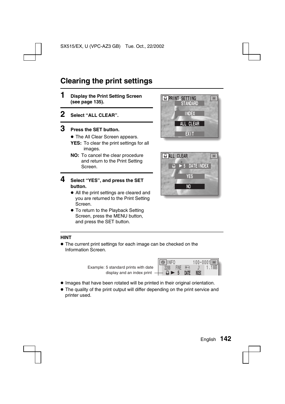 Clearing the print settings | Sanyo VPC-AZ3 User Manual | Page 145 / 207