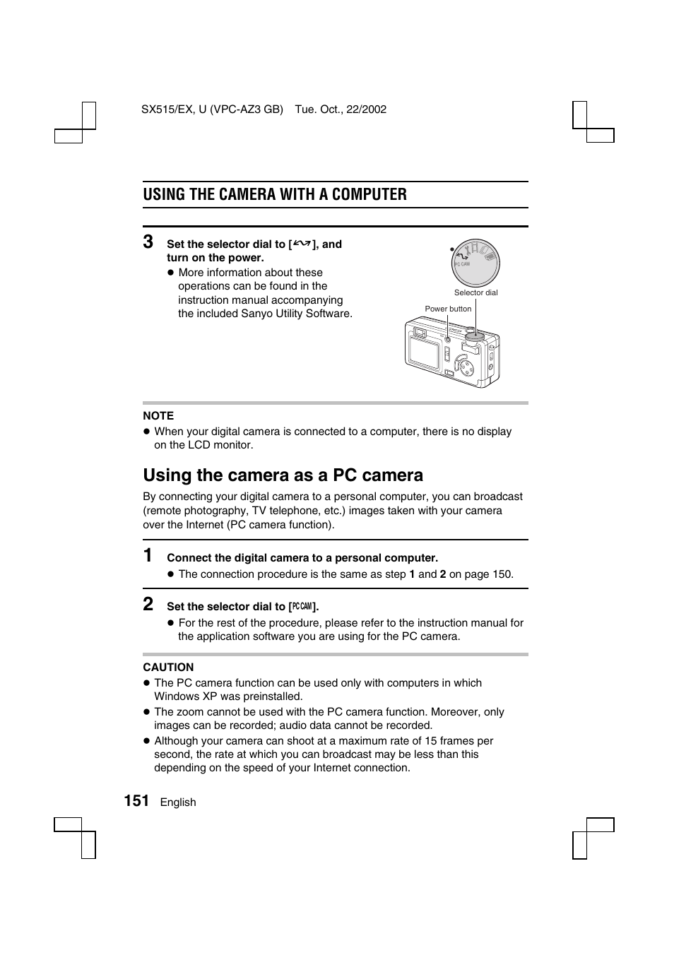 Using the camera as a pc camera, Using the camera with a computer | Sanyo VPC-AZ3 User Manual | Page 154 / 207