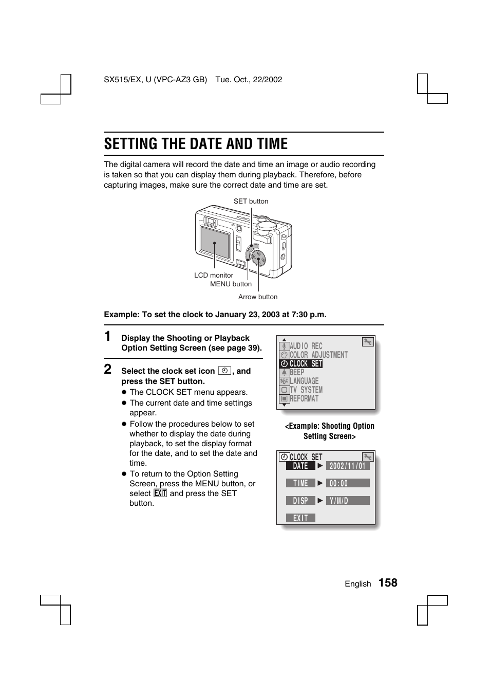 Setting the date and time | Sanyo VPC-AZ3 User Manual | Page 161 / 207