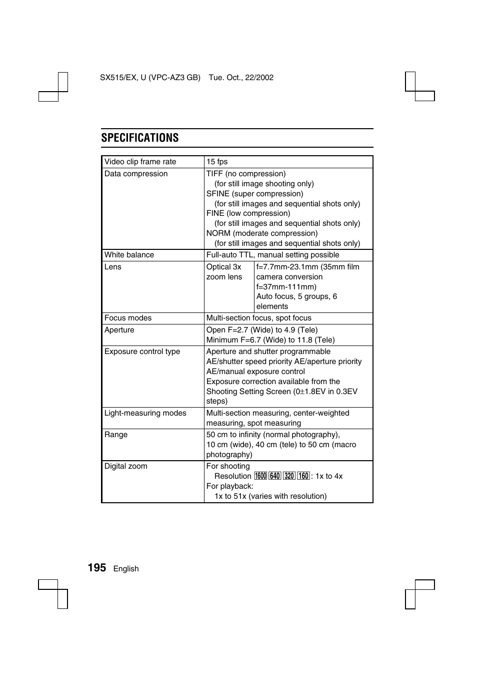 Specifications | Sanyo VPC-AZ3 User Manual | Page 198 / 207