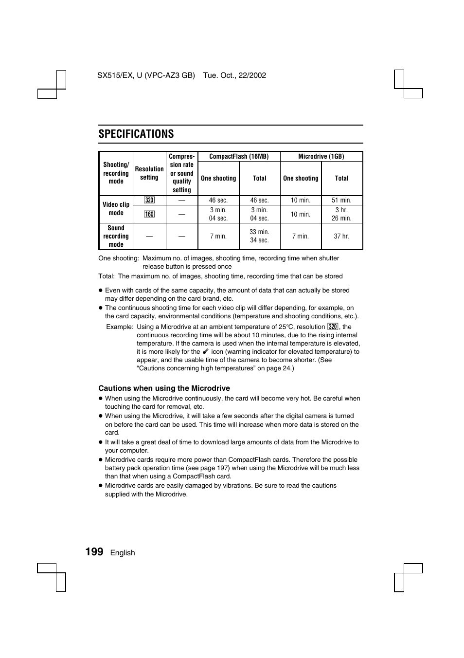 Specifications | Sanyo VPC-AZ3 User Manual | Page 202 / 207