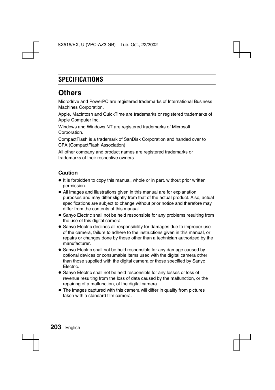Others, Specifications | Sanyo VPC-AZ3 User Manual | Page 206 / 207