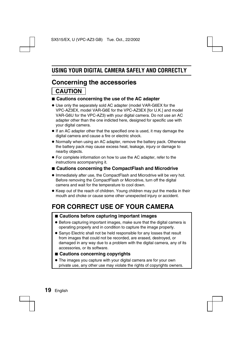 Concerning the accessories, For correct use of your camera, Using your digital camera safely and correctly | Caution | Sanyo VPC-AZ3 User Manual | Page 22 / 207