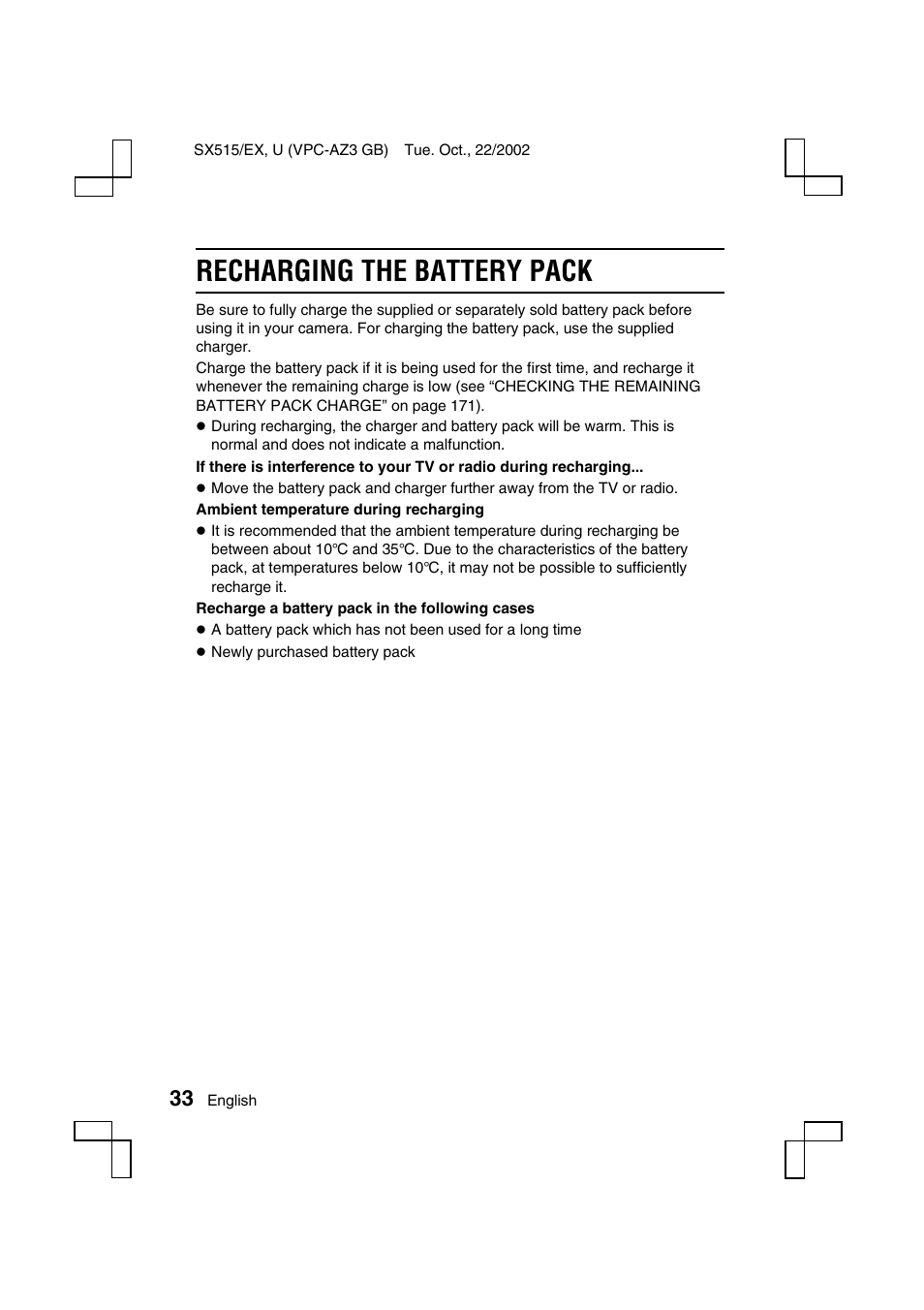 Recharging the battery pack | Sanyo VPC-AZ3 User Manual | Page 36 / 207