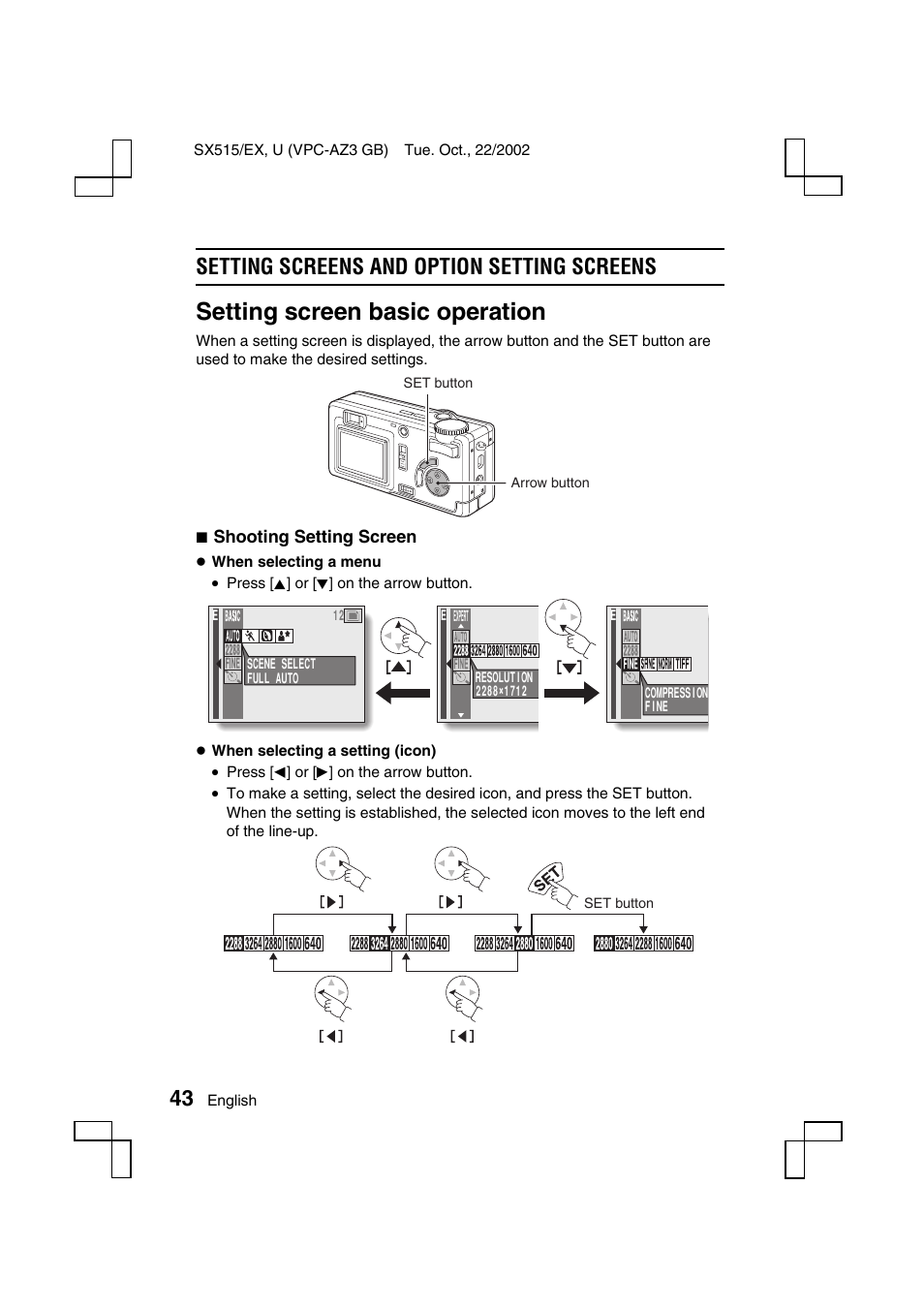 Setting screen basic operation, Setting screens and option setting screens | Sanyo VPC-AZ3 User Manual | Page 46 / 207