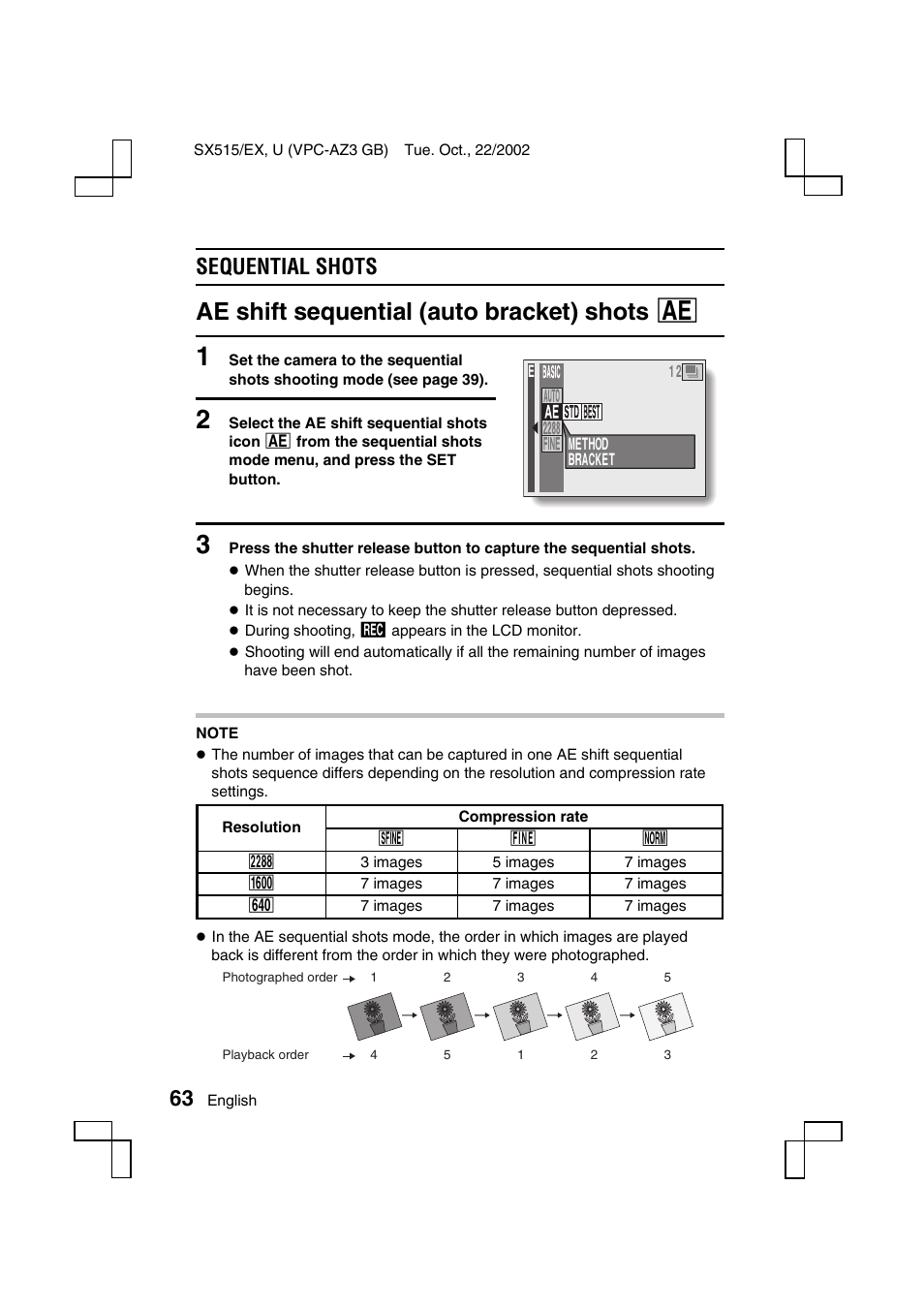 Ae shift sequential (auto bracket) shots a, Sequential shots | Sanyo VPC-AZ3 User Manual | Page 66 / 207