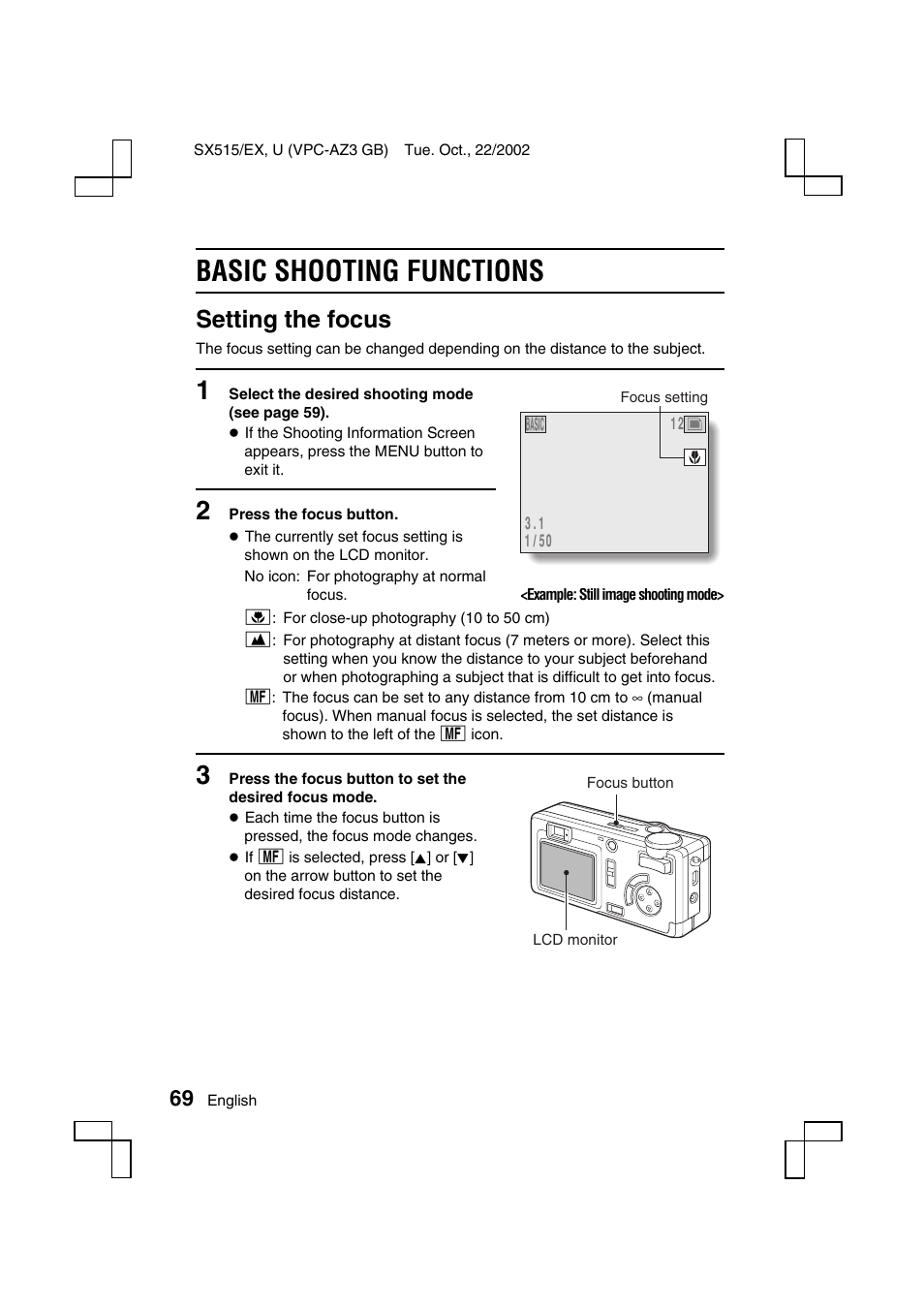 Basic shooting functions, Setting the focus | Sanyo VPC-AZ3 User Manual | Page 72 / 207