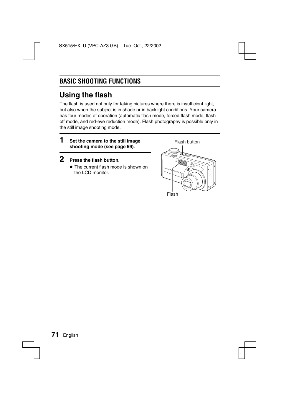 Using the flash, Basic shooting functions | Sanyo VPC-AZ3 User Manual | Page 74 / 207