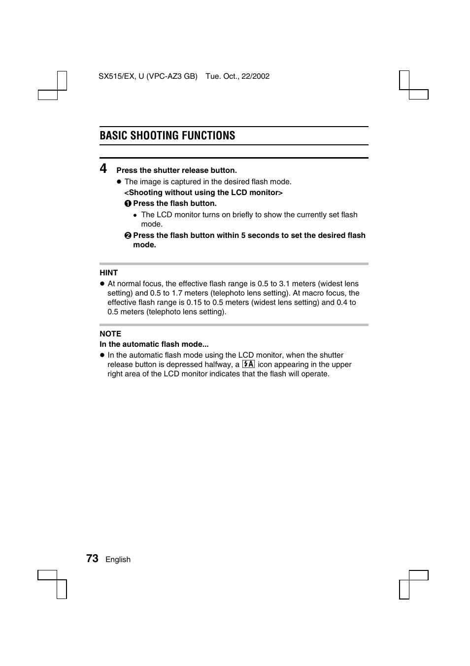 Basic shooting functions | Sanyo VPC-AZ3 User Manual | Page 76 / 207