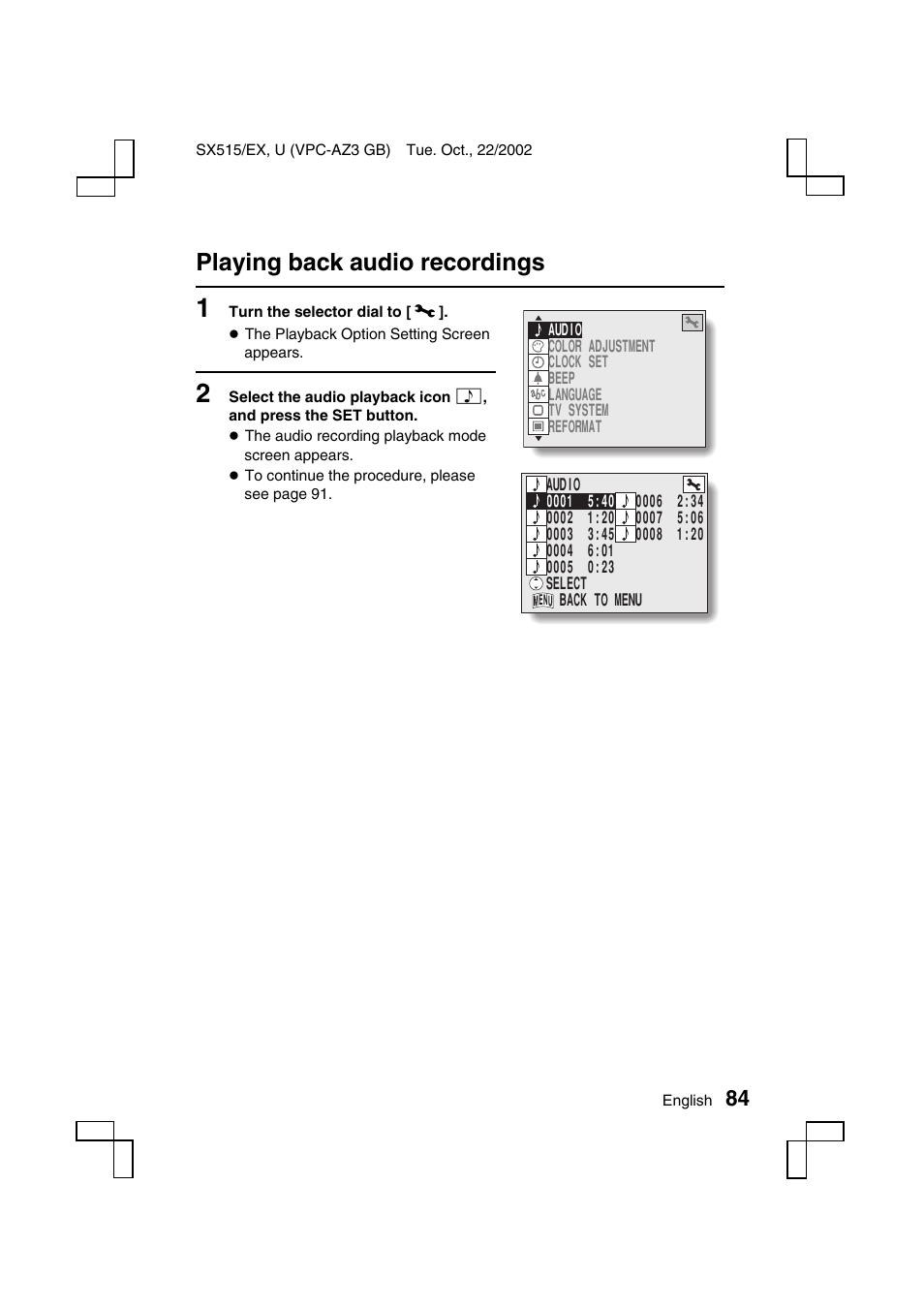 Playing back audio recordings | Sanyo VPC-AZ3 User Manual | Page 87 / 207
