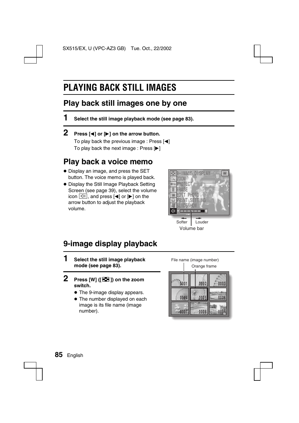 Playing back still images, Play back still images one by one, Image display playback | Sanyo VPC-AZ3 User Manual | Page 88 / 207