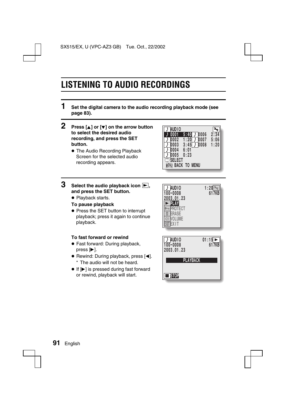 Listening to audio recordings | Sanyo VPC-AZ3 User Manual | Page 94 / 207