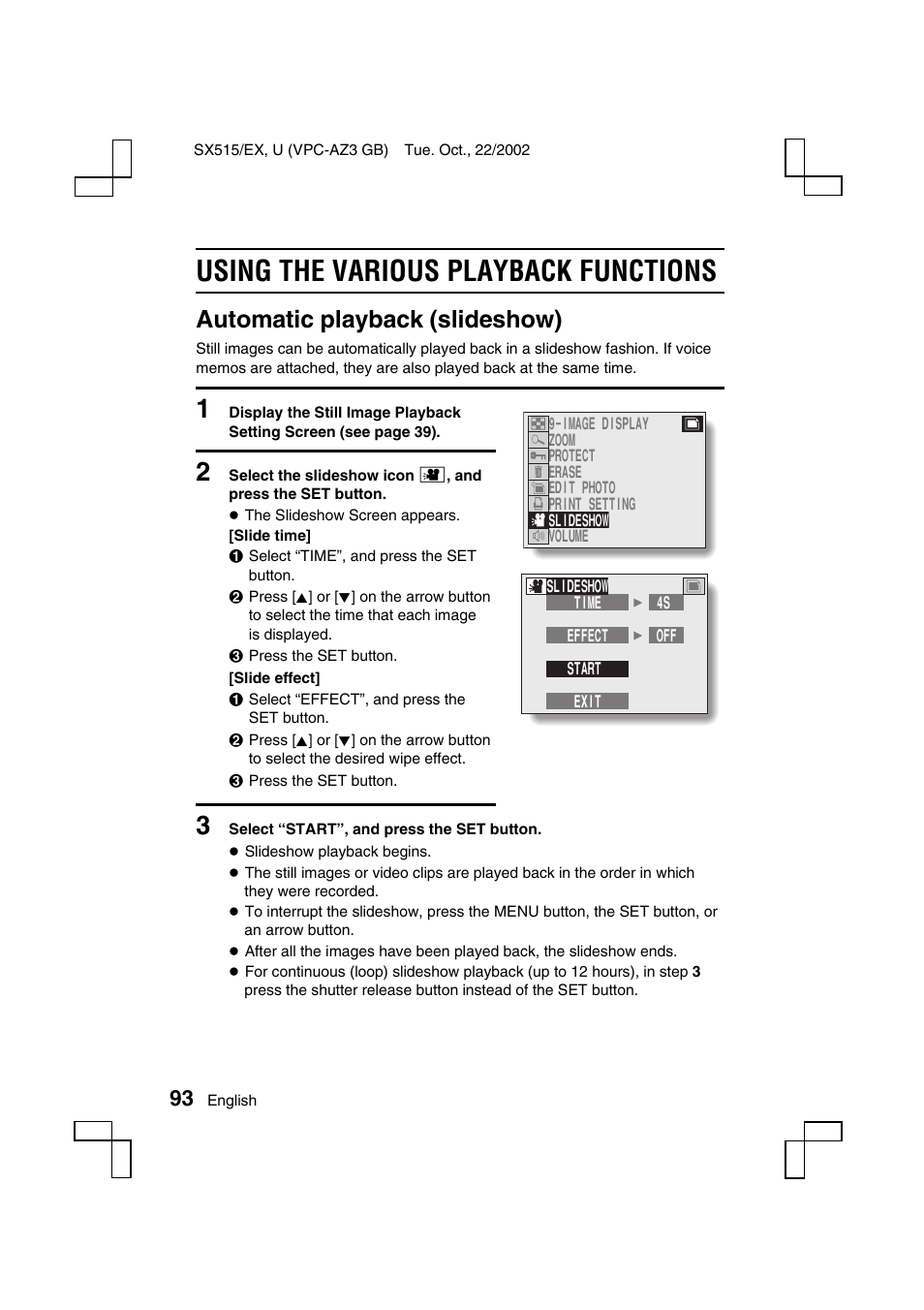 Using the various playback functions, Automatic playback (slideshow) | Sanyo VPC-AZ3 User Manual | Page 96 / 207