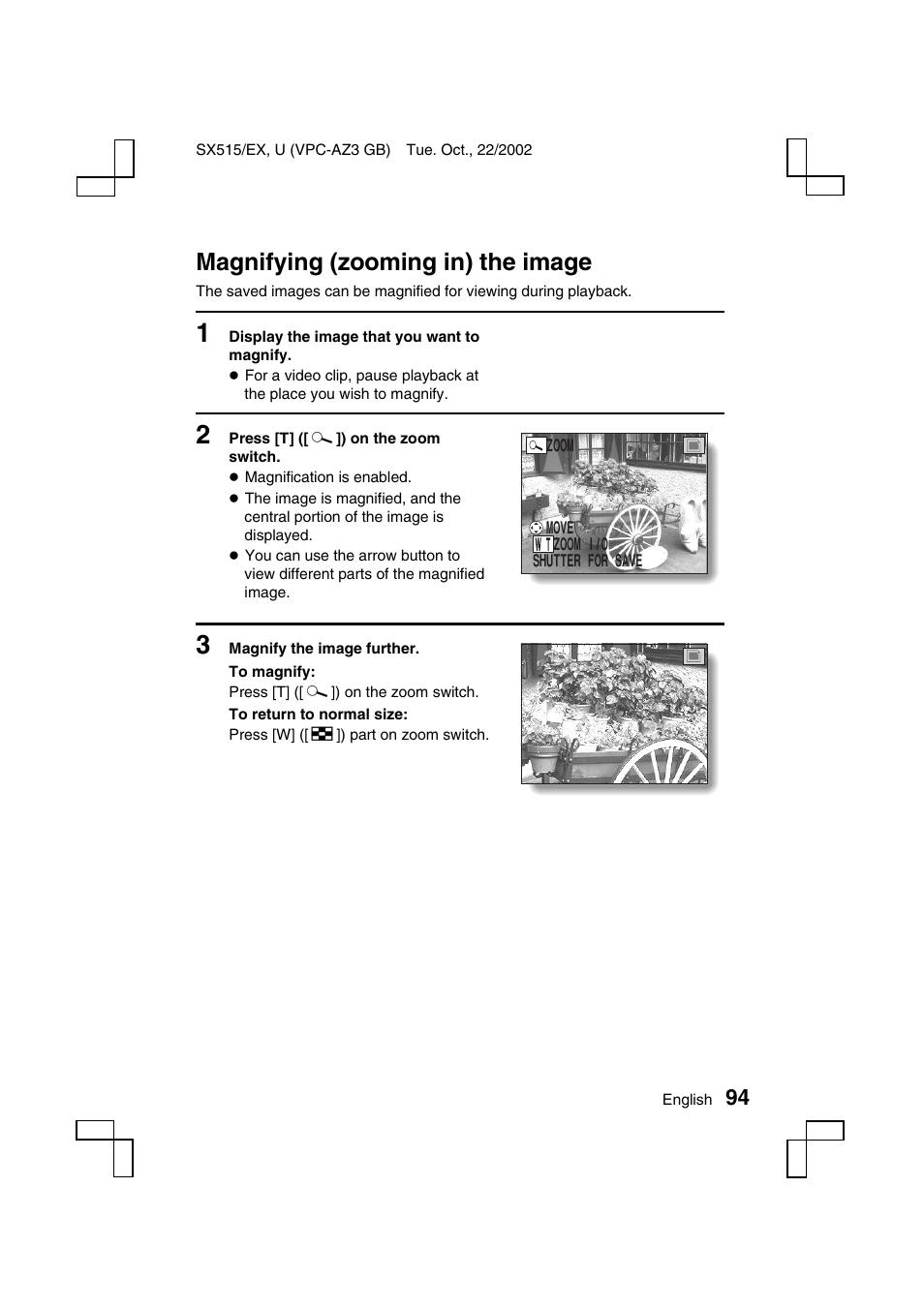 Magnifying (zooming in) the image | Sanyo VPC-AZ3 User Manual | Page 97 / 207
