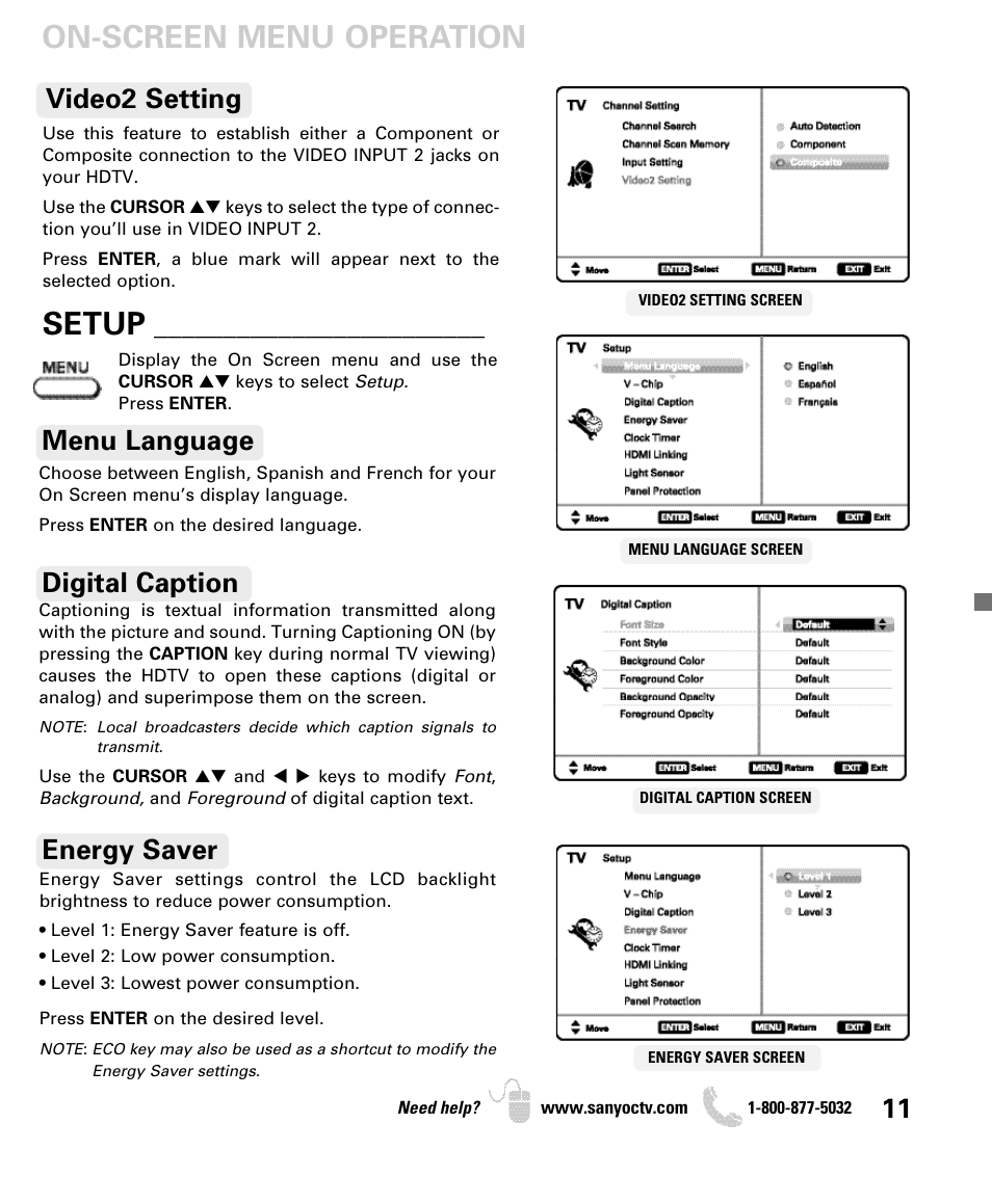 On-screen menu operation, Setup, Menu language digital caption | Energy saver, Video2 setting | Sanyo DP50740 User Manual | Page 11 / 56