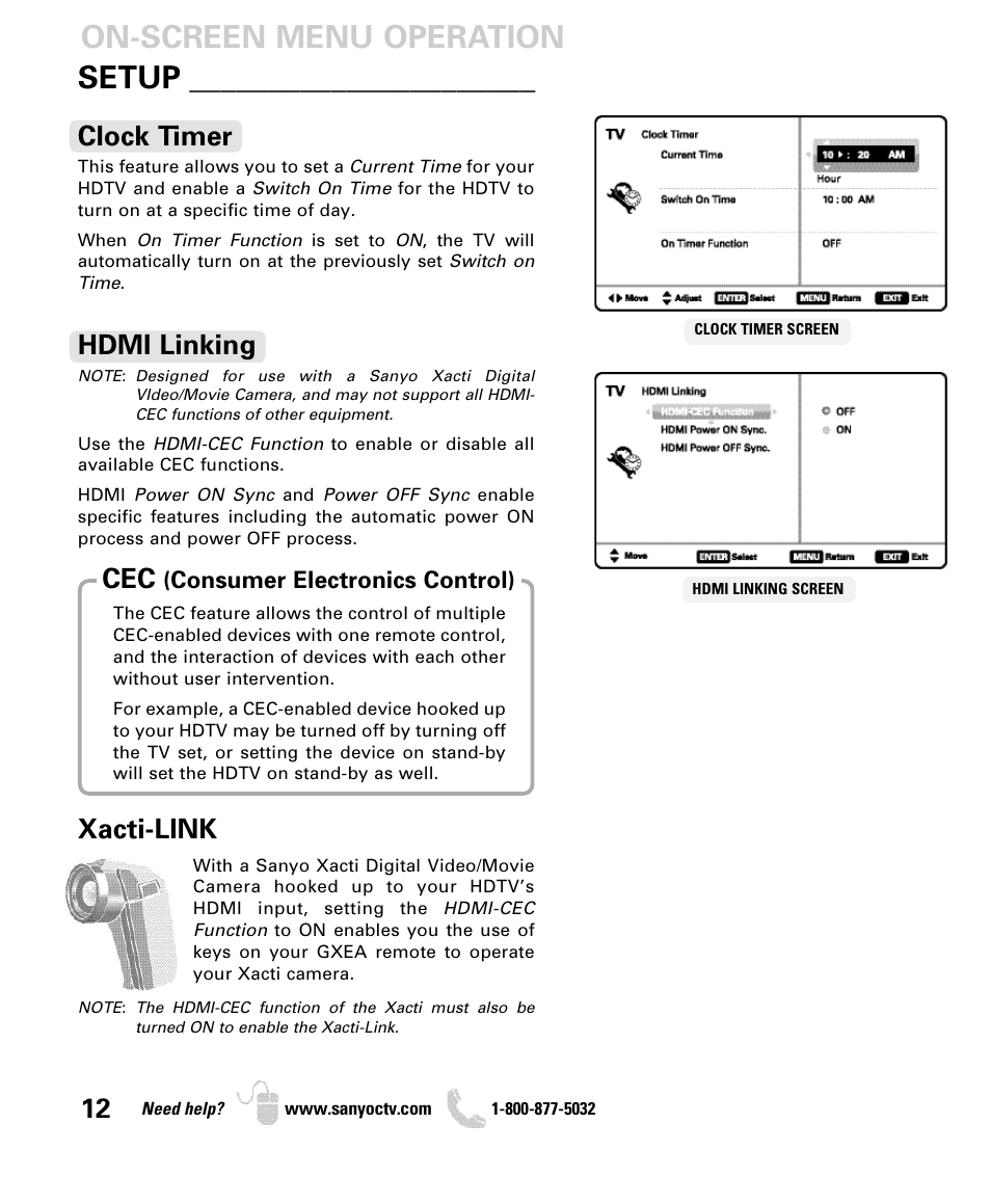 On-screen menu operation setup, Xacti-link, Clock timer | Hdmi linking | Sanyo DP50740 User Manual | Page 12 / 56