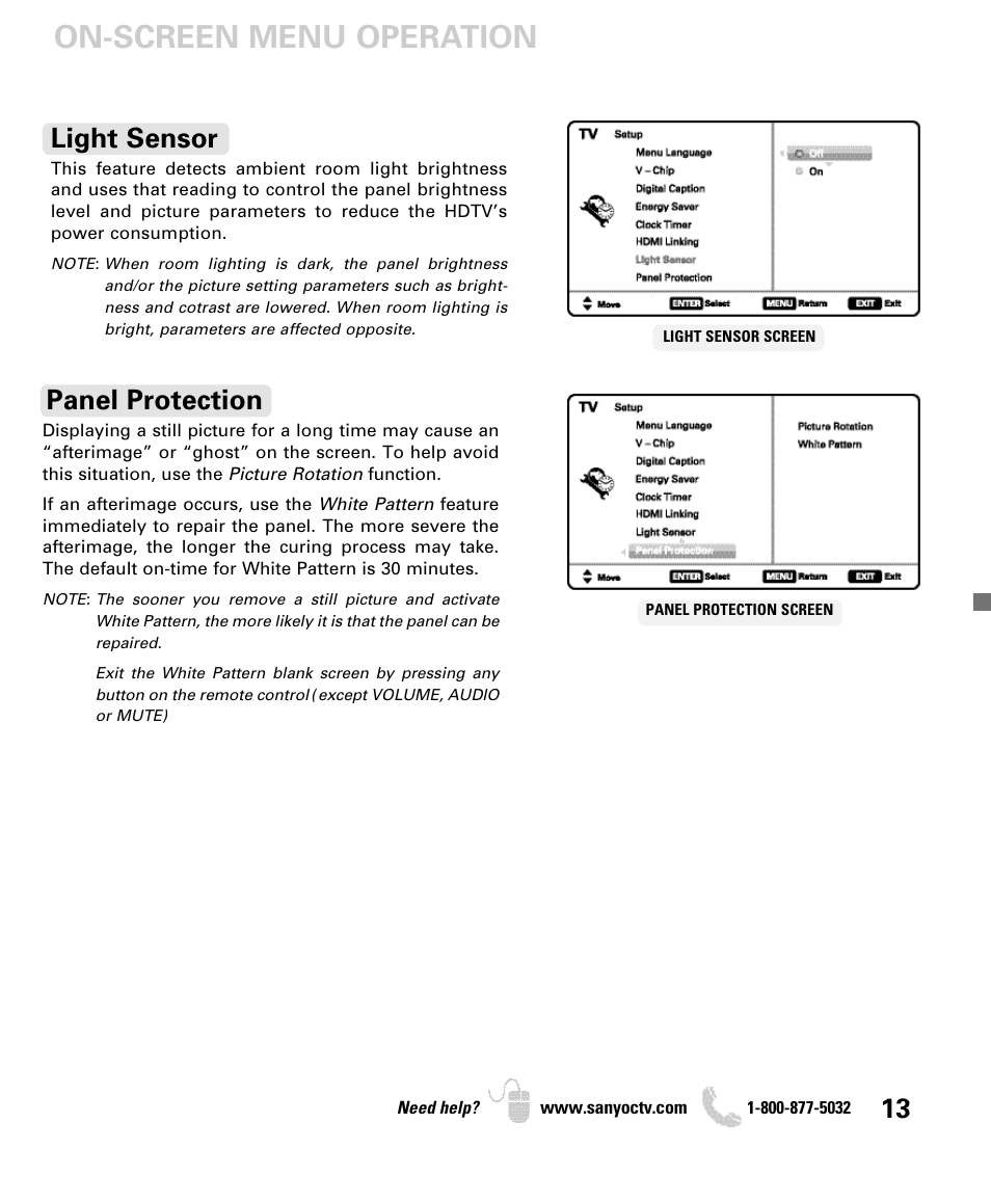 On-screen menu operation, Light sensor, Panel protection | Sanyo DP50740 User Manual | Page 13 / 56